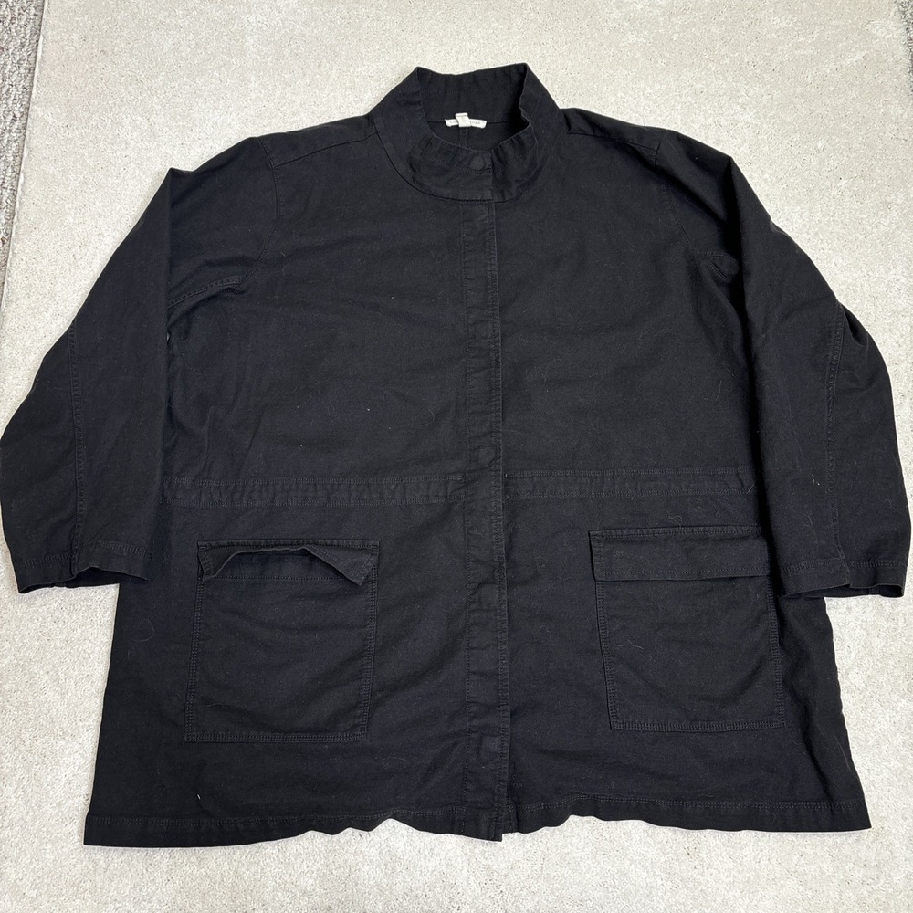 Eileen Fisher Jacket 2X Black Organic Cotton Hemp Stand Collar Long Oversized